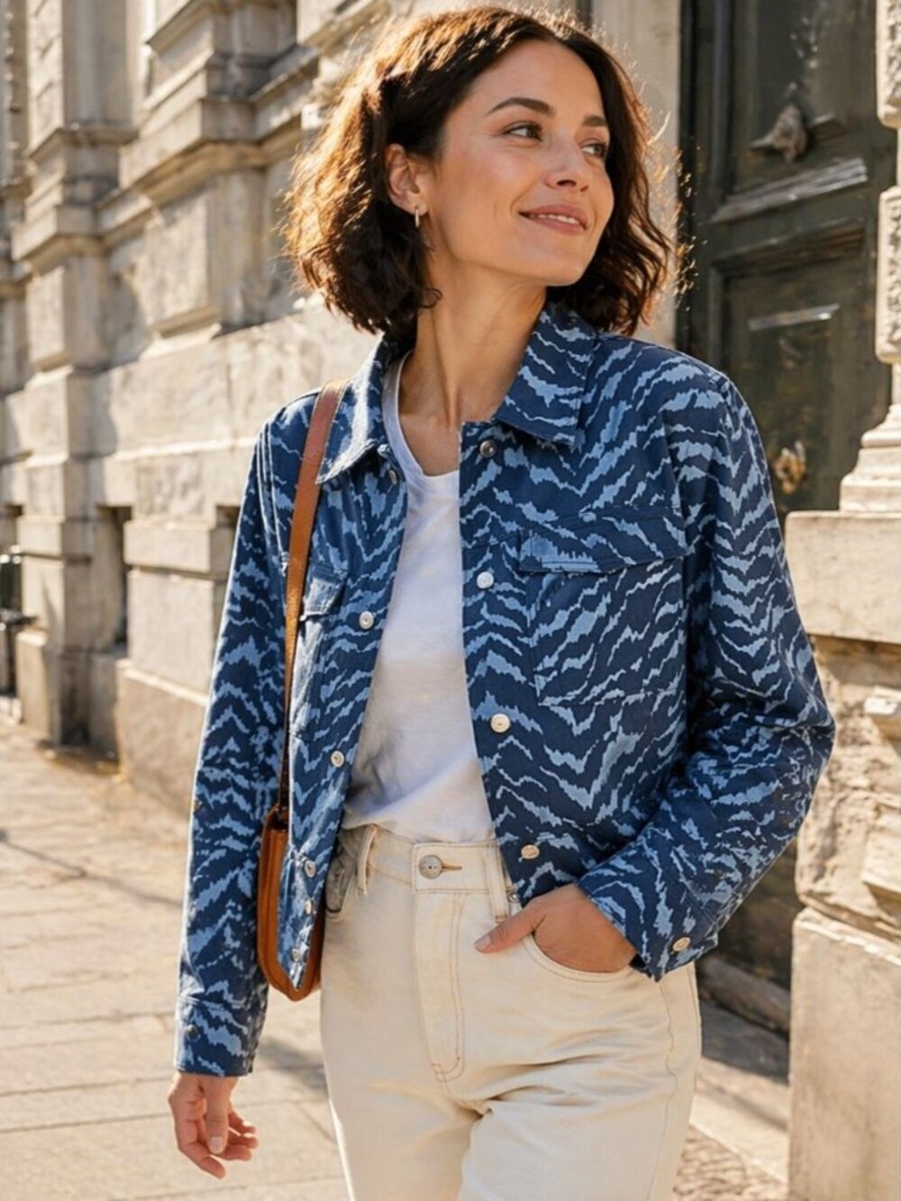 Saint Tropez Blue Patterned Cotton Button Front Jacket Boxy Fit Casual Size M